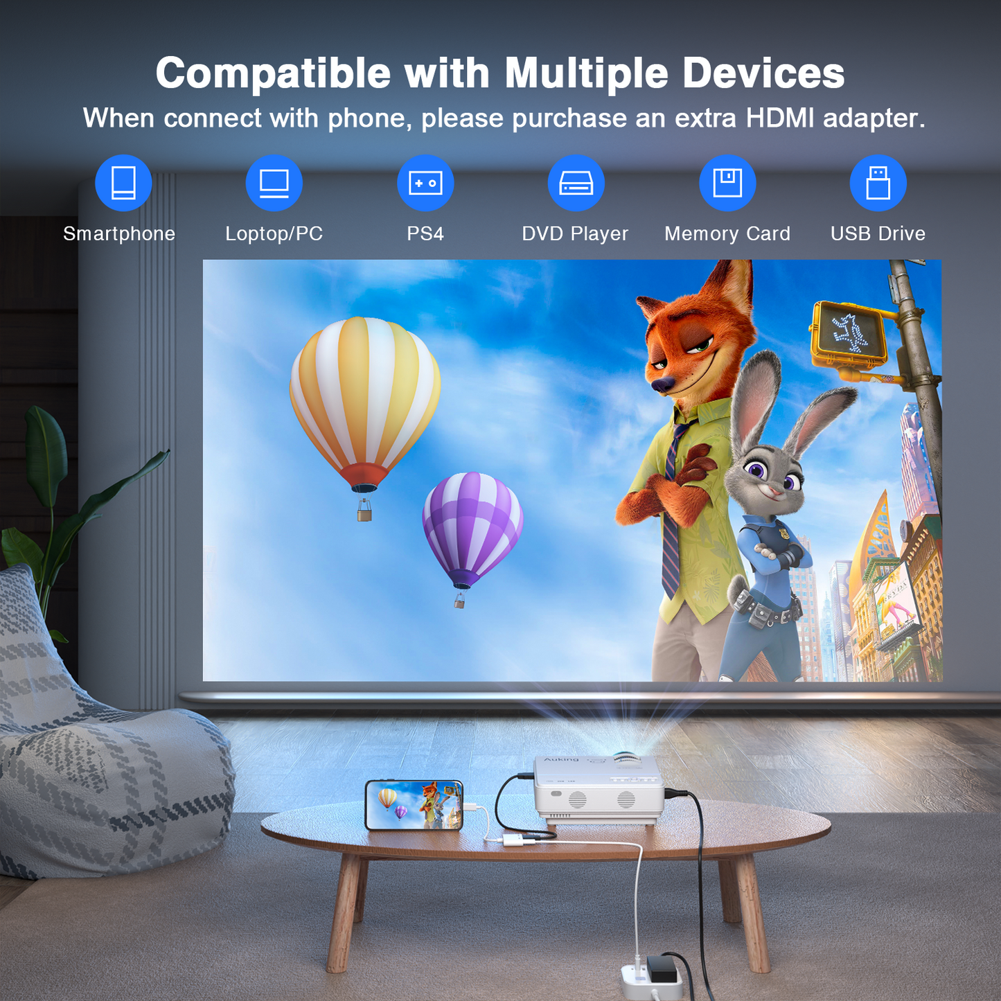 AuKing Projector, 2023 Upgraded Mini Projector, Full HD 1080P Home Theater Video Projector, Compatible with HDMI/USB/VGA/AV/Smartphone/TV Box/Laptop