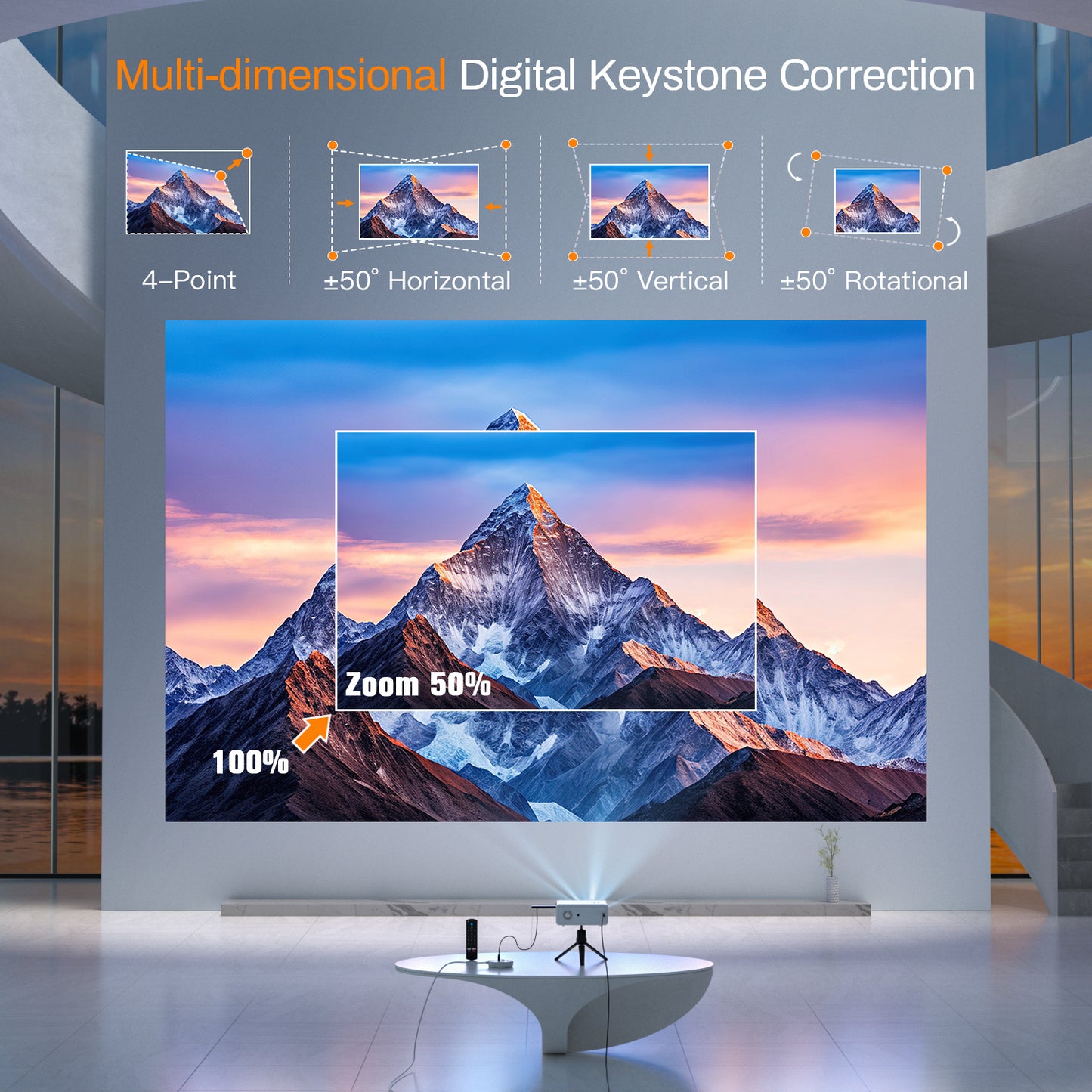 [Electric Keystone 6D/4P] AuKing 2024 Upgraded Projector with WiFi and Bluetooth, 700 ANSI 4K Supported Outdoor Projector with 100" Screen and Tripod, Max 400”Display for iOS/Android/HDMI/USB/TV Box